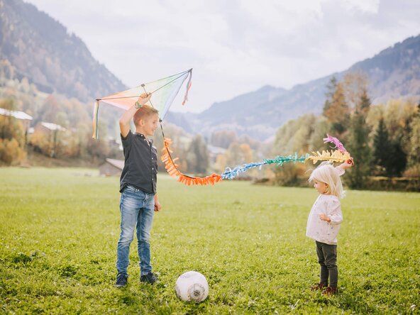 Zwei Kinder spielen mit einem Drachen auf der Wiese