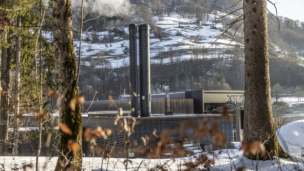 Heizwerk Mellau im Winter mit Bäumen